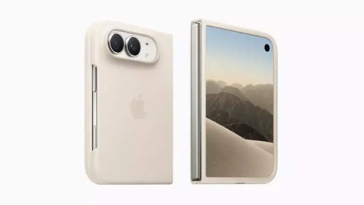 Desain bodi belakang dan layar luar iPhone Duo warna krem dengan logo Apple dan kamera ganda