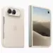 Desain bodi belakang dan layar luar iPhone Duo warna krem dengan logo Apple dan kamera ganda