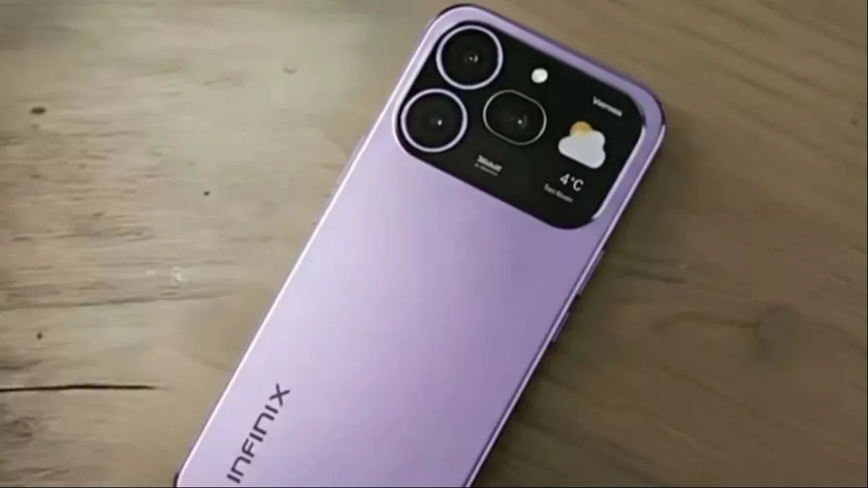 Bodi belakang HP Infinix berwarna ungu dengan modul kamera unik yang memiliki layar mini internal.