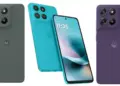 Variasi warna bodi belakang dan tampak depan layar lini Moto G37, G67, dan G77 Power.