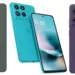 Variasi warna bodi belakang dan tampak depan layar lini Moto G37, G67, dan G77 Power.