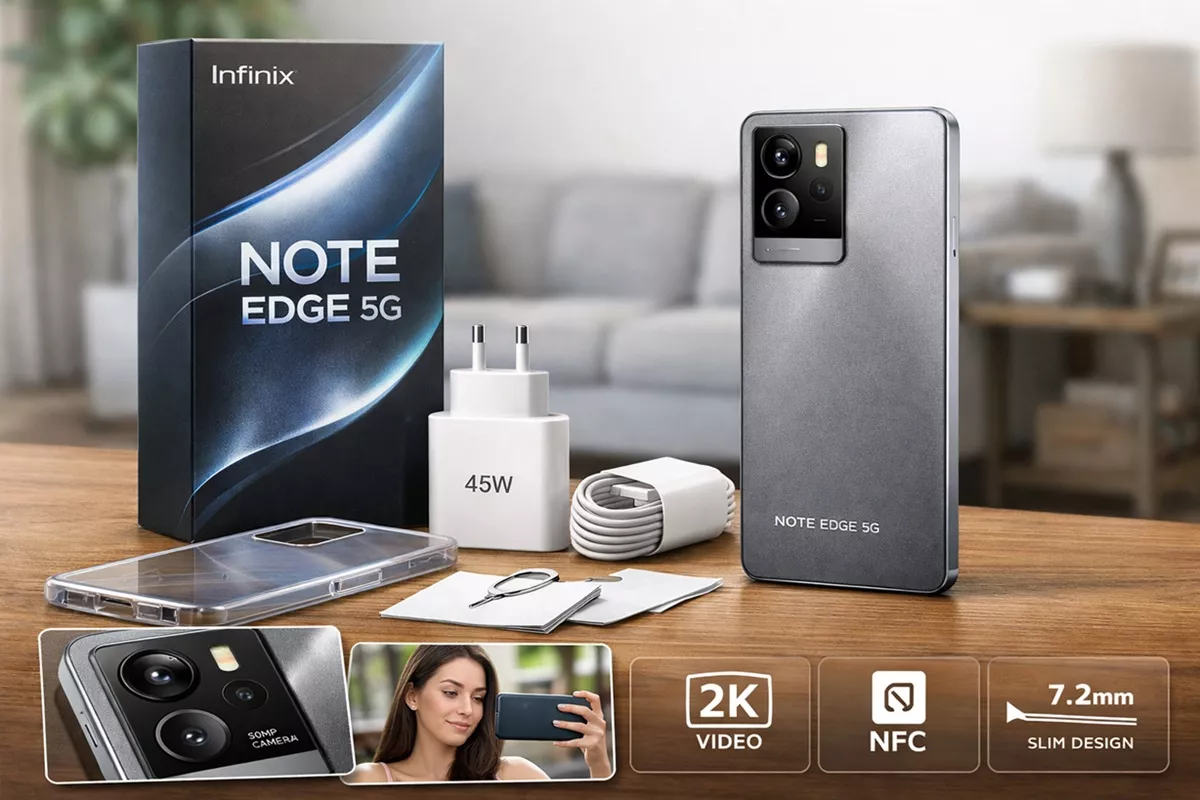 Paket penjualan dan kelengkapan boks HP Infinix Note Edge 5G.