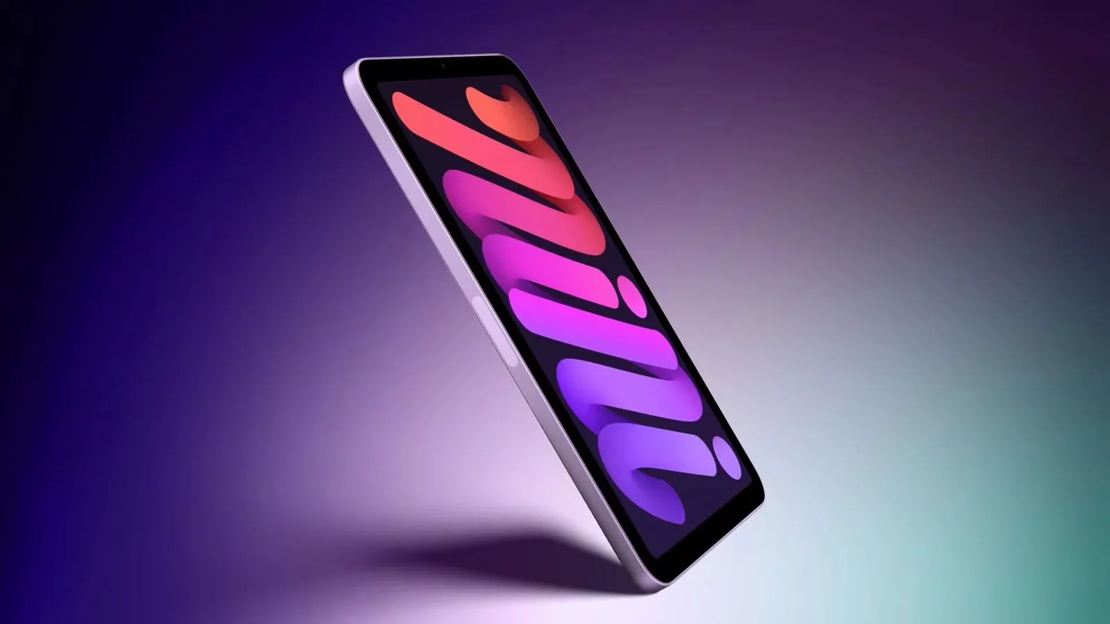 Tampilan perangkat iPad Mini dengan wallpaper bertuliskan mini melayang secara diagonal