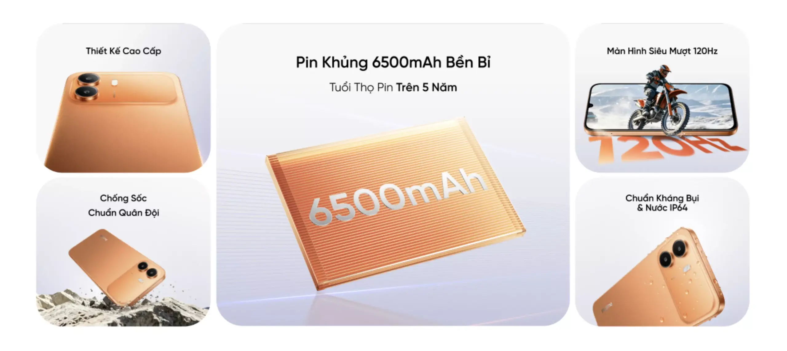 Infografis fitur utama realme C01 yang menonjolkan kapasitas baterai besar 6500mAh dan ketahanan IP64