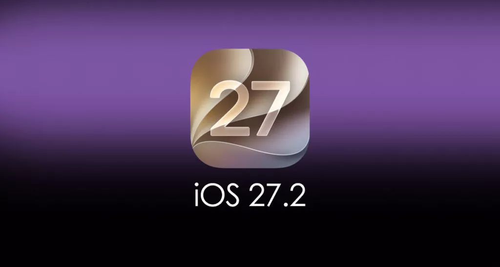 Banner pengumuman rilis pembaruan software iOS 27.2 berlatar belakang ungu.