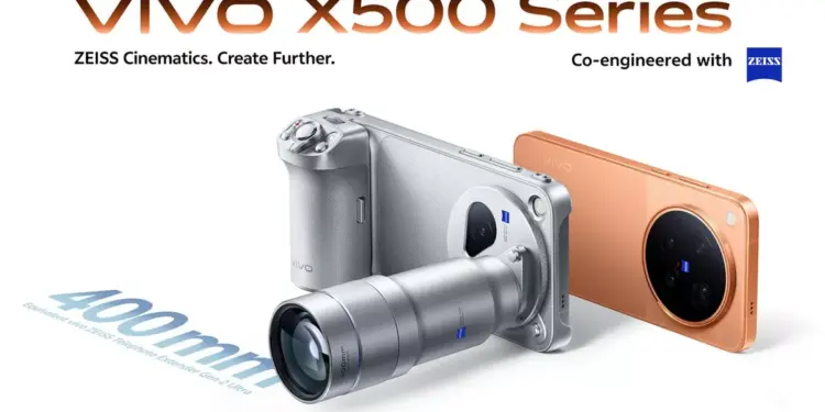 Ilustrasi Vivo X500 Series menggunakan aksesori lensa periskop tambahan berkolaborasi dengan Zeiss