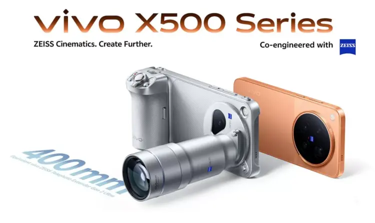 Ilustrasi Vivo X500 Series menggunakan aksesori lensa periskop tambahan berkolaborasi dengan Zeiss
