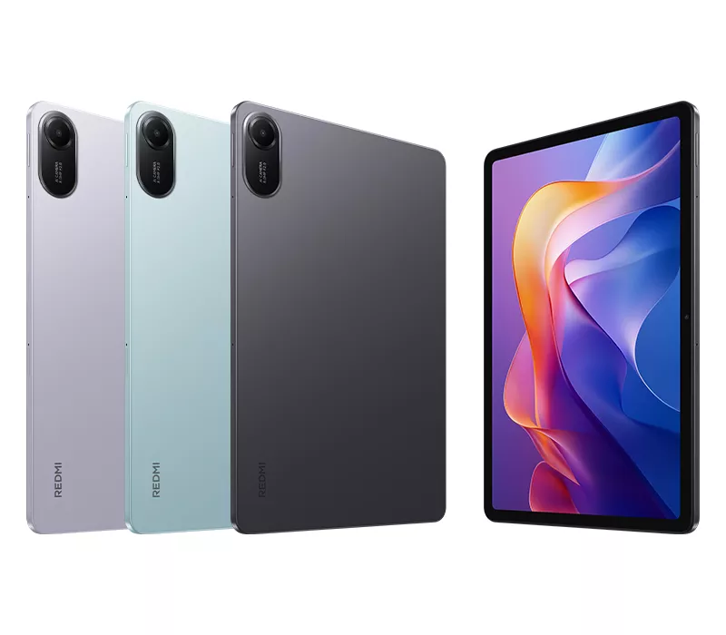 Tiga varian warna bodi belakang dan tampilan layar depan dari tablet Redmi Pad.