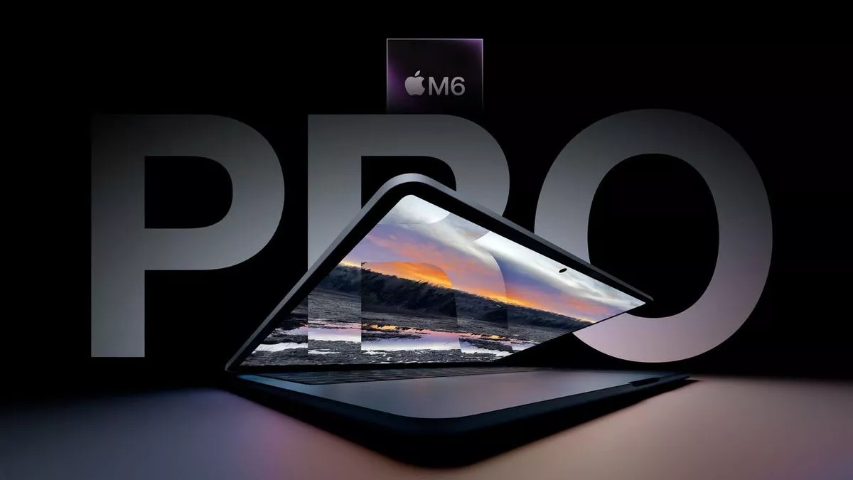 Konsep MacBook Pro bertenaga chipset Apple M6 dengan latar belakang teks PRO di Event Pro and Tell