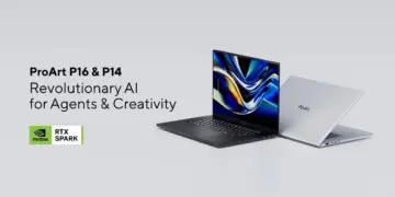 Banner promosi laptop ASUS ProArt P14 dan P16 dengan GPU NVIDIA RTX Spark untuk kreativitas AI