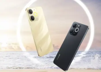 Dua unit HP 1 Jutaan merek Realme warna emas dan hitam dengan desain bodi belakang premium.