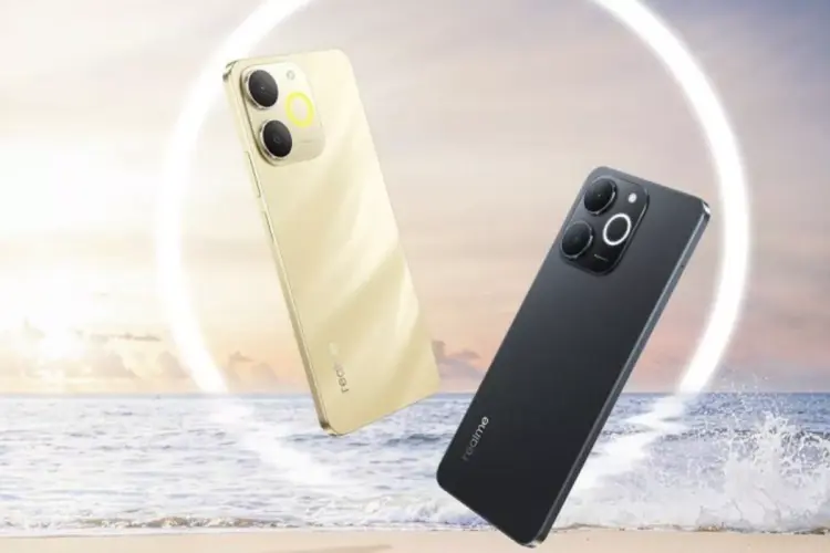 Dua unit HP 1 Jutaan merek Realme warna emas dan hitam dengan desain bodi belakang premium.