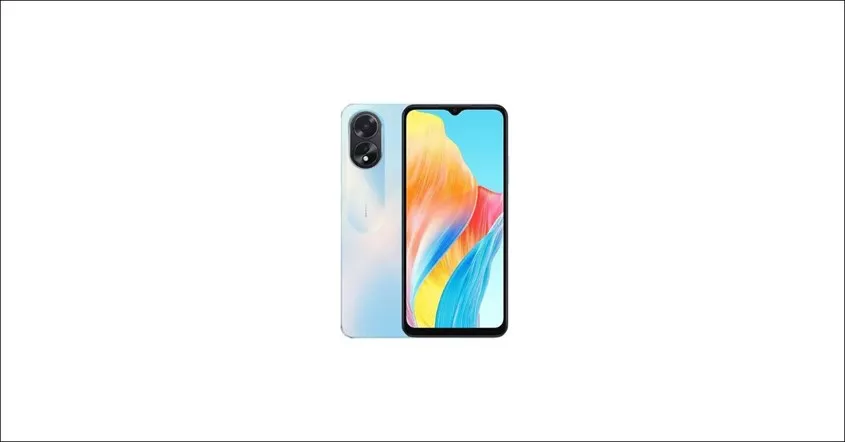 Smartphone OPPO A Series warna biru muda gradasi memperlihatkan sisi depan layar dan bodi belakang. harga HP OPPO