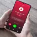 Layar smartphone menampilkan panggilan masuk dari nomor HP tak dikenal yang terdeteksi sebagai spam atau penipuan.