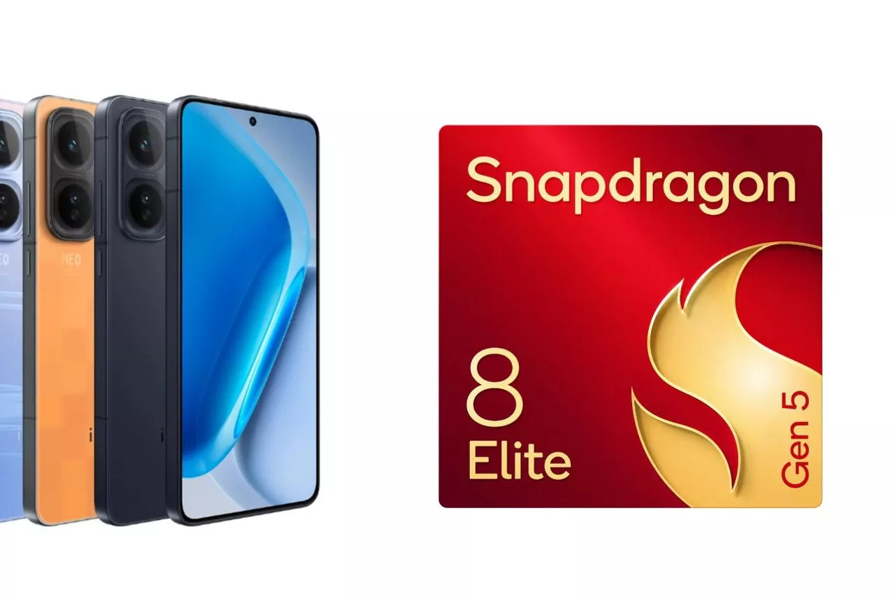Desain bocoran smartphone iQOO Neo 12 bersanding dengan logo chipset Snapdragon 8 Elite Gen 5.