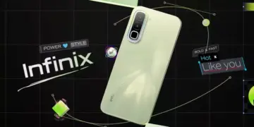 Desain bodi belakang HP gaming Infinix warna hijau muda dengan modul kamera stylish.