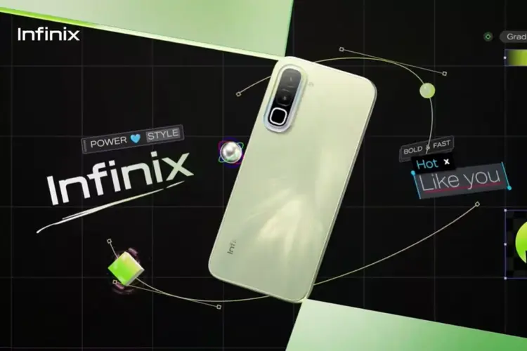 Desain bodi belakang HP gaming Infinix warna hijau muda dengan modul kamera stylish.