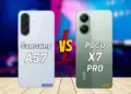 Perbandingan desain bodi belakang smartphone Samsung A57 5G dan POCO X7 Pro secara berdampingan.