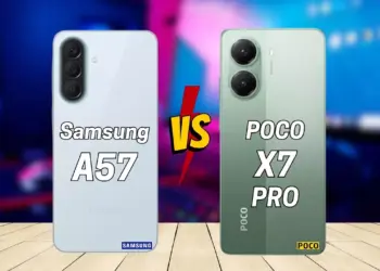 Perbandingan desain bodi belakang smartphone Samsung A57 5G dan POCO X7 Pro secara berdampingan.
