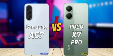 Perbandingan desain bodi belakang smartphone Samsung A57 5G dan POCO X7 Pro secara berdampingan.
