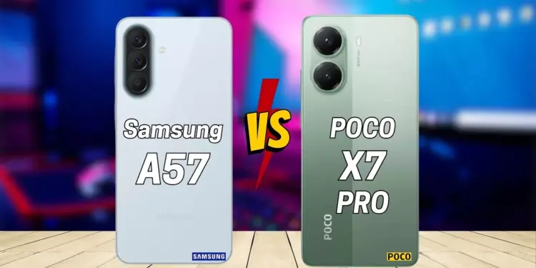 Perbandingan desain bodi belakang smartphone Samsung A57 5G dan POCO X7 Pro secara berdampingan.