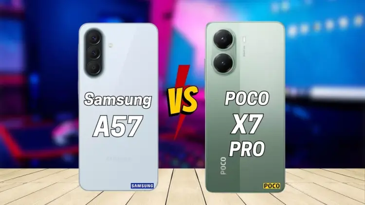 Perbandingan desain bodi belakang smartphone Samsung A57 5G dan POCO X7 Pro secara berdampingan.