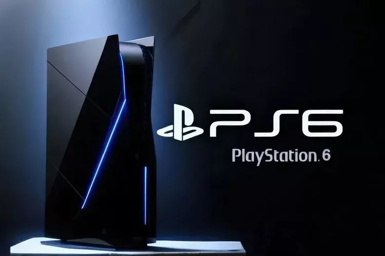 Konsep desain konsol PS6 berwarna hitam futuristis dengan pencahayaan LED biru di atas panggung