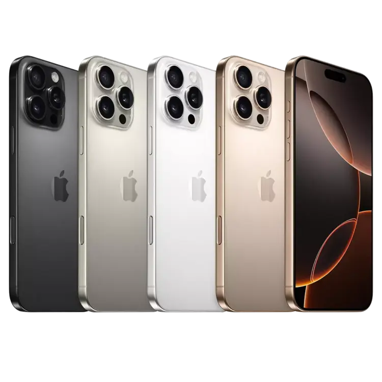 Jajaran varian warna Harga iPhone 16 Pro Max yang dijejerkan berdampingan dengan tampilan layar depan aktif.