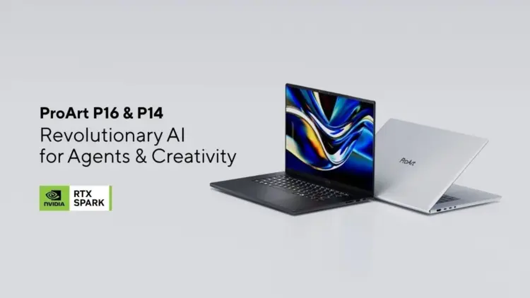 Banner promosi laptop ASUS ProArt P14 dan P16 dengan GPU NVIDIA RTX Spark untuk kreativitas AI