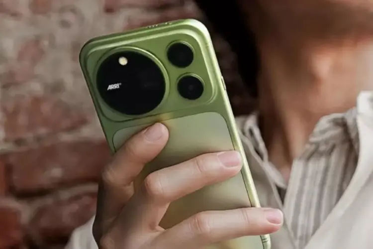 Honor Magic 9 warna hijau olive saat digenggam tangan memperlihatkan modul kamera ARRI.