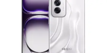 Tampilan depan dan belakang HP Oppo 5G warna putih berkapasitas RAM 8/256 GB.