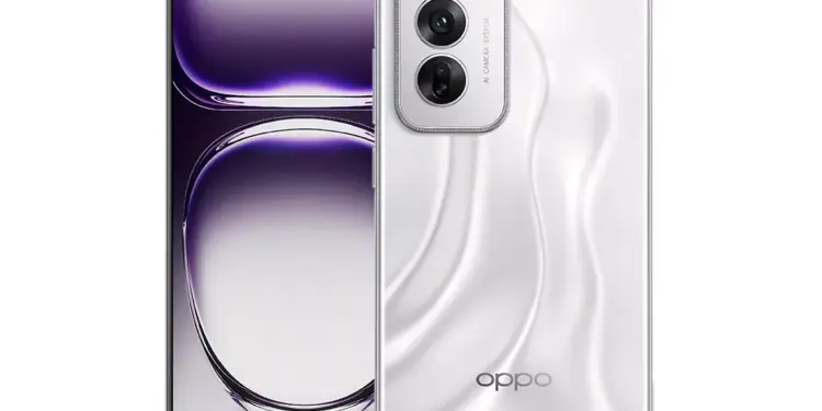 Tampilan depan dan belakang HP Oppo 5G warna putih berkapasitas RAM 8/256 GB.
