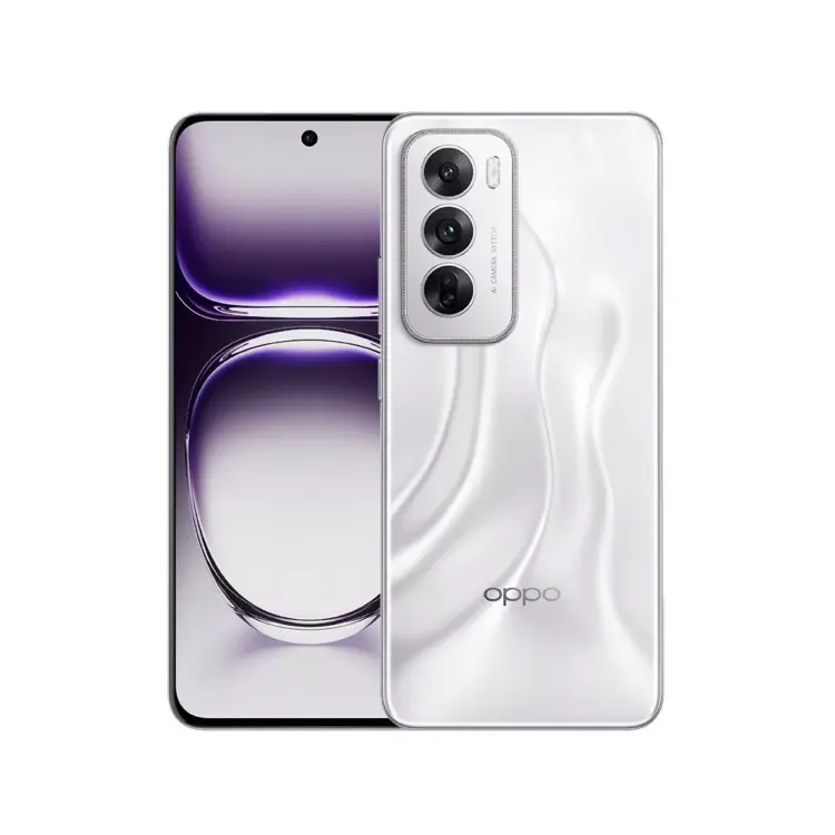 Tampilan depan dan belakang HP Oppo 5G warna putih berkapasitas RAM 8/256 GB.