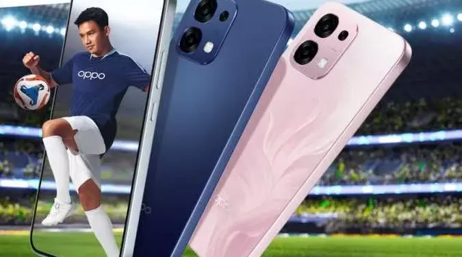 Poster promosi OPPO Reno Series warna biru dan pink dengan latar belakang stadion sepak bola. harga HP OPPO