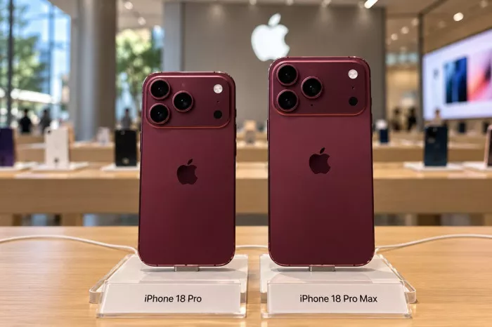 Dua unit iPhone 18 Pro dan iPhone 18 Pro Max warna merah marun terpajang di Apple Store terkait isu pemangkasan produksi iPhone 18 Pro.