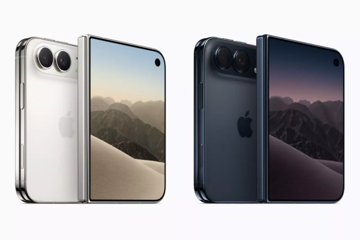 Dua varian warna iPhone Duo, perak (white/silver) dan hitam (space black), dalam posisi setengah terbuka.