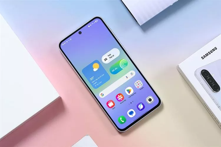 Tampilan layar AMOLED jernih pada HP Samsung 5 Jutaan lengkap dengan kotak kemasannya