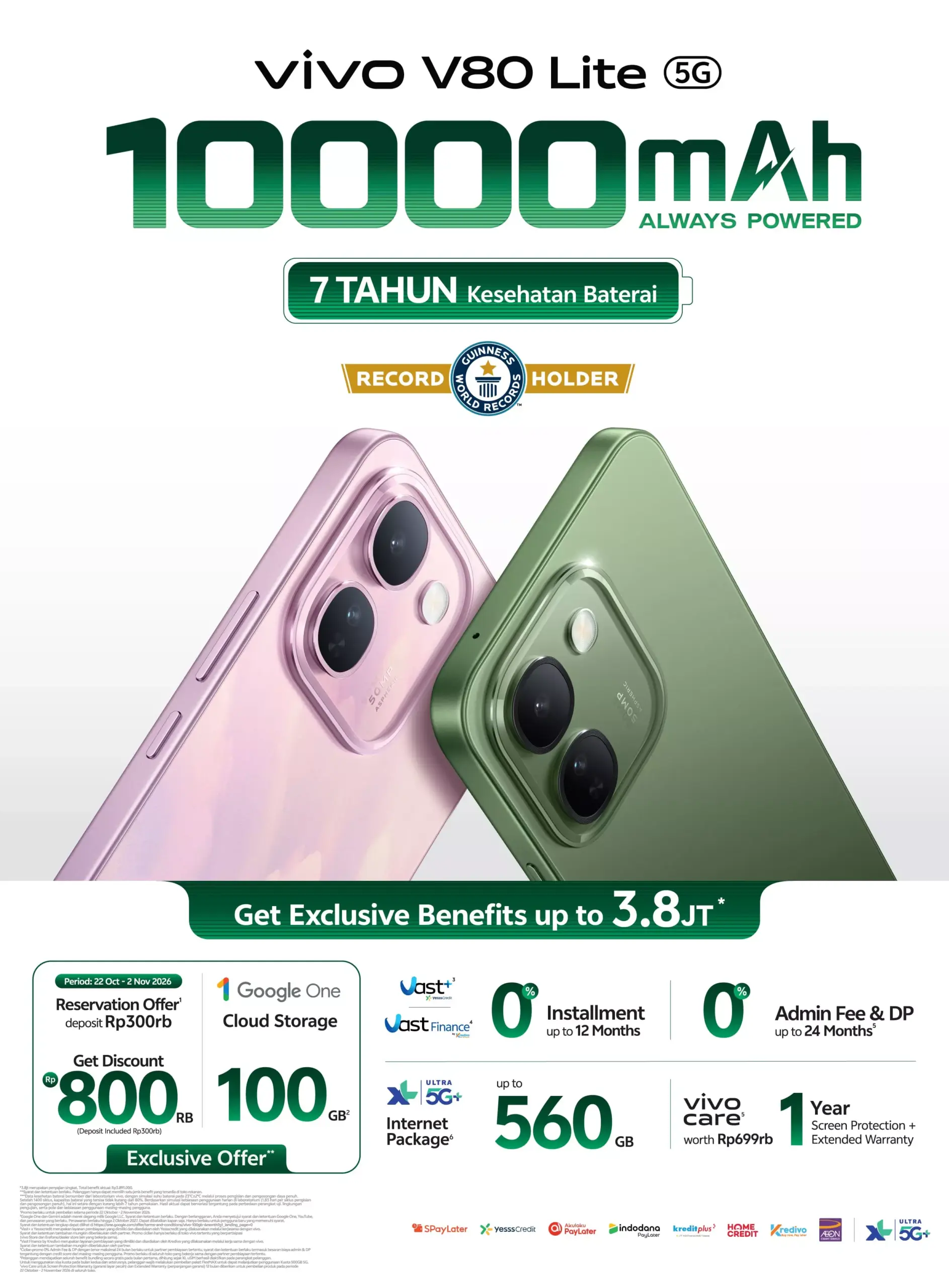 Poster promosi Vivo V80 Lite 5G dengan baterai 10000mAh dan penawaran garansi 7 tahun.