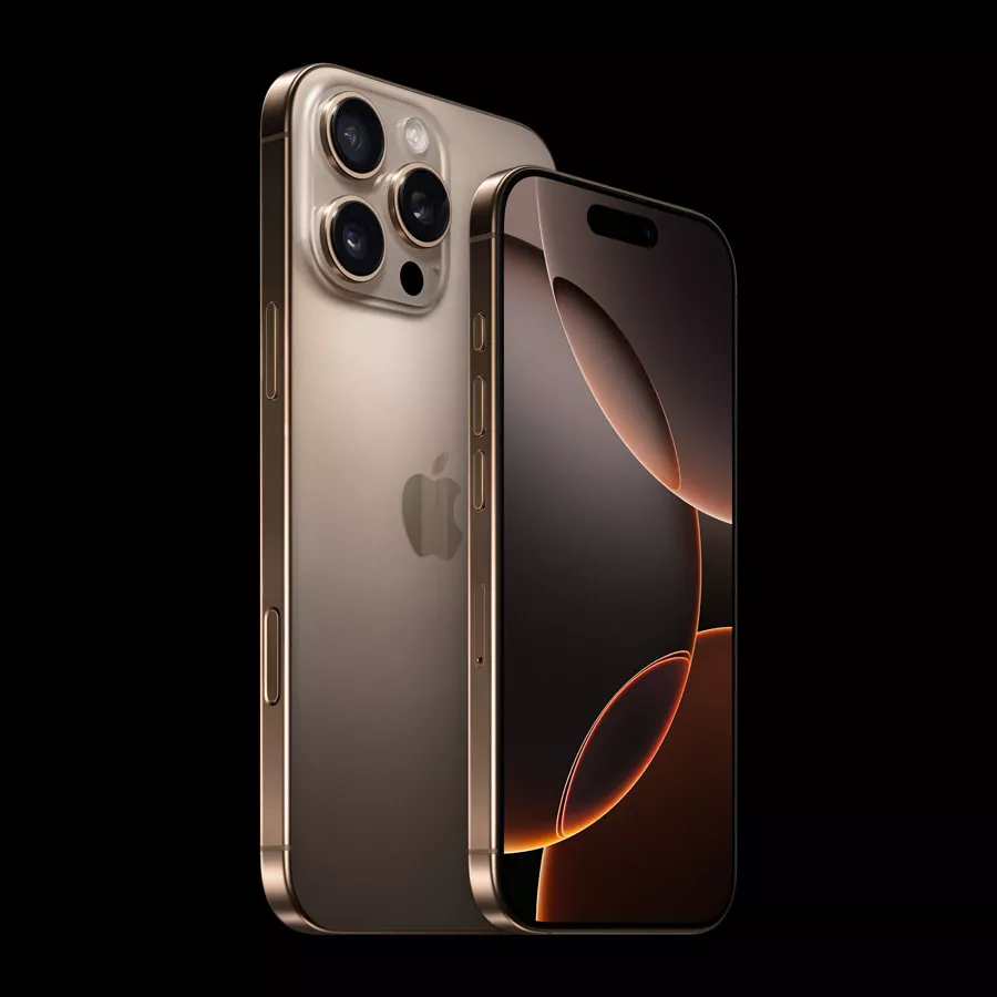 Tampilan sudut depan dan belakang Harga iPhone 16 Pro Max varian warna Desert Titanium.