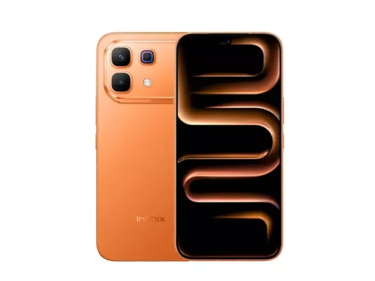 Tampilan depan dan belakang smartphone Infinix berwarna oranye cerah