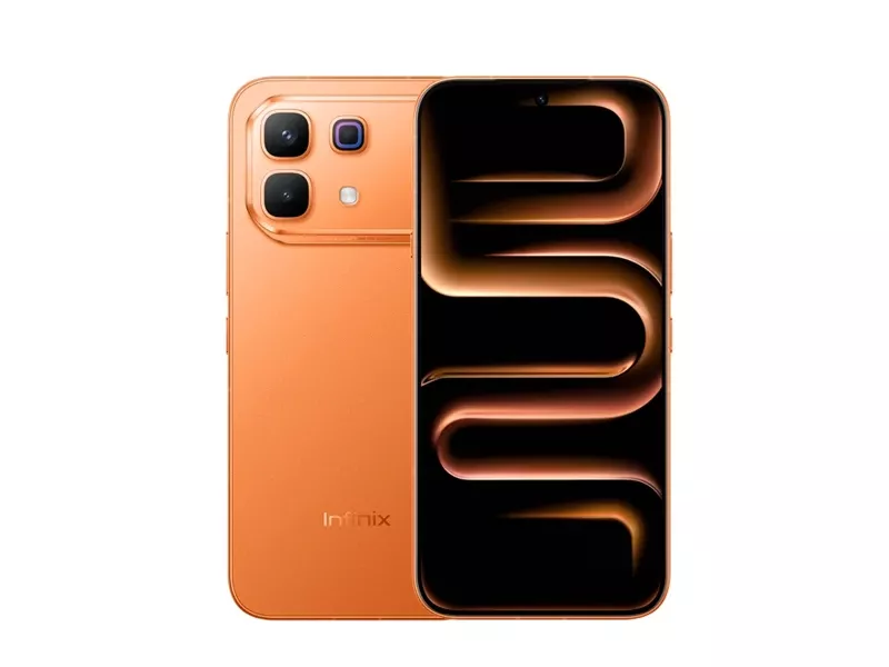 Tampilan depan dan belakang smartphone Infinix berwarna oranye cerah