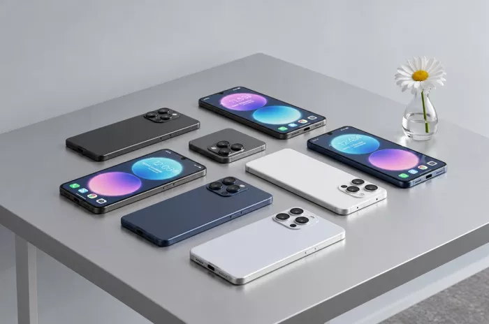 Deretan pilihan HP content creator terbaik dengan kamera berkualitas tinggi tertata di atas meja.