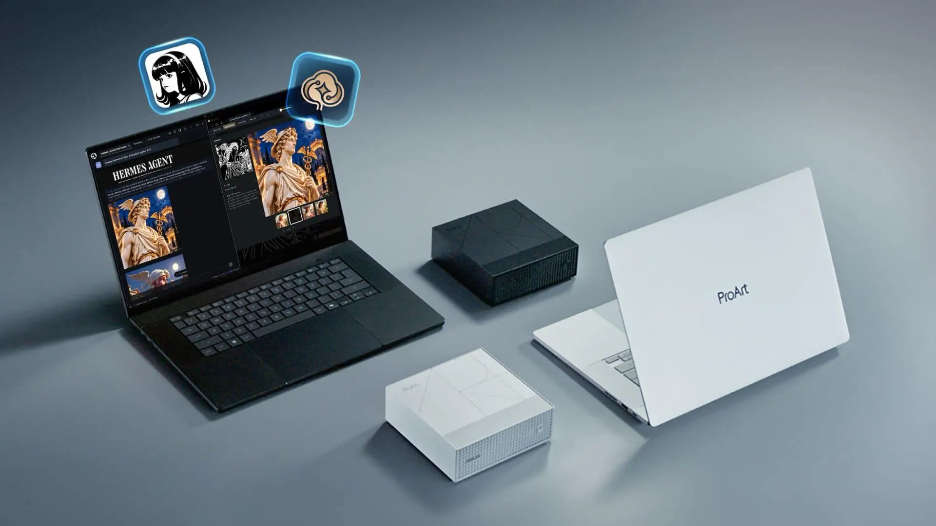 Laptop ASUS ProArt P14 sedang menjalankan aplikasi AI generasi gambar dan ekosistem PC studio