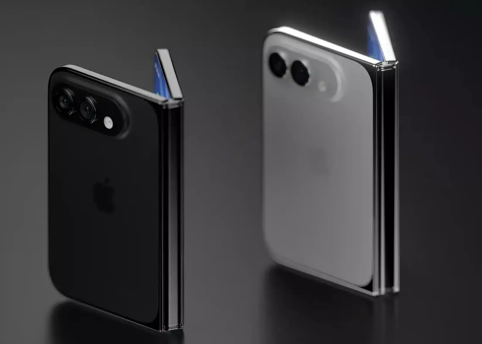 Tampak samping dan engsel presisi dari perangkat iPhone Duo yang dapat dilipat.