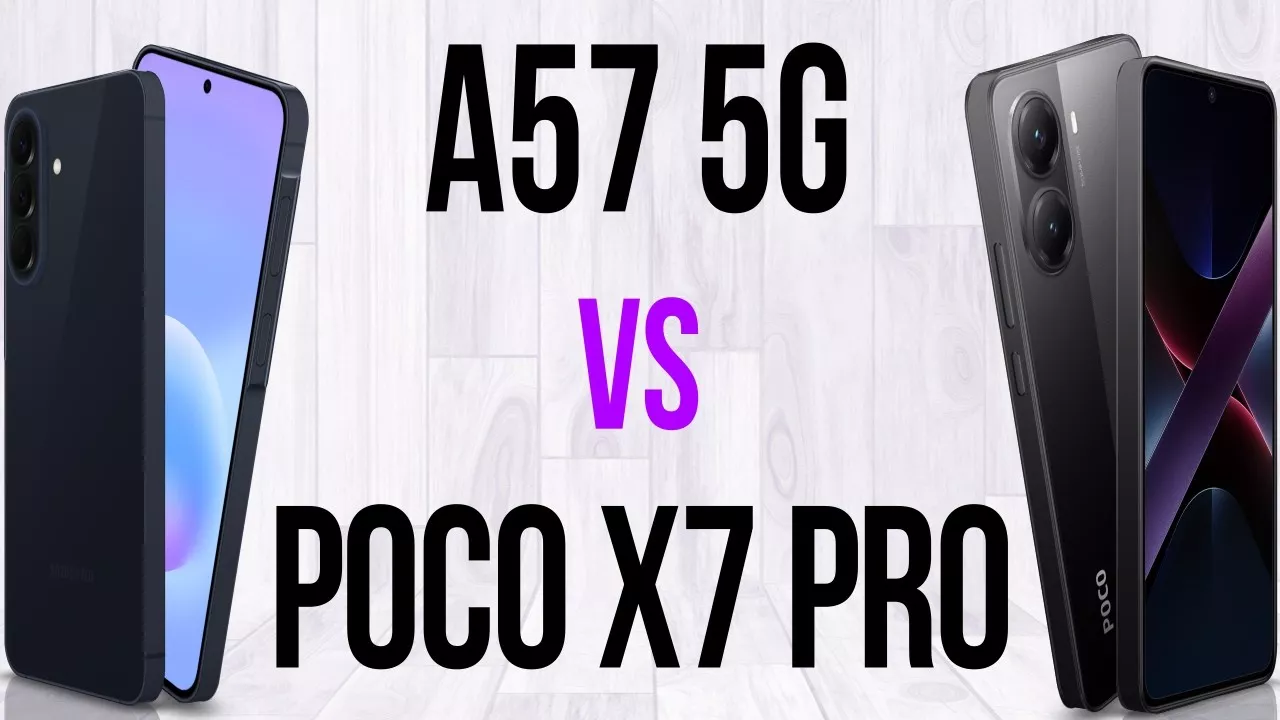 Tampilan sudut dan layar depan smartphone Samsung A57 5G vs POCO X7 Pro berwarna hitam.