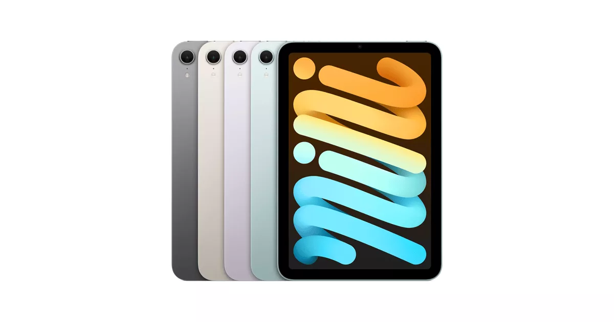 Tampilan depan dan opsi warna bodi iPad Mini 8 secara sejajar.
