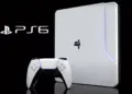 Konsep konsol PS6 berwarna putih ramping dengan stik nirkabel di depannya dan logo PlayStation 6