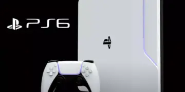 Konsep konsol PS6 berwarna putih ramping dengan stik nirkabel di depannya dan logo PlayStation 6