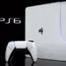 Konsep konsol PS6 berwarna putih ramping dengan stik nirkabel di depannya dan logo PlayStation 6
