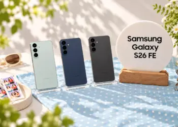 Tiga pilihan warna Samsung Galaxy S26 FE dipajang bersama papan nama bertuliskan Samsung Galaxy S26 FE.